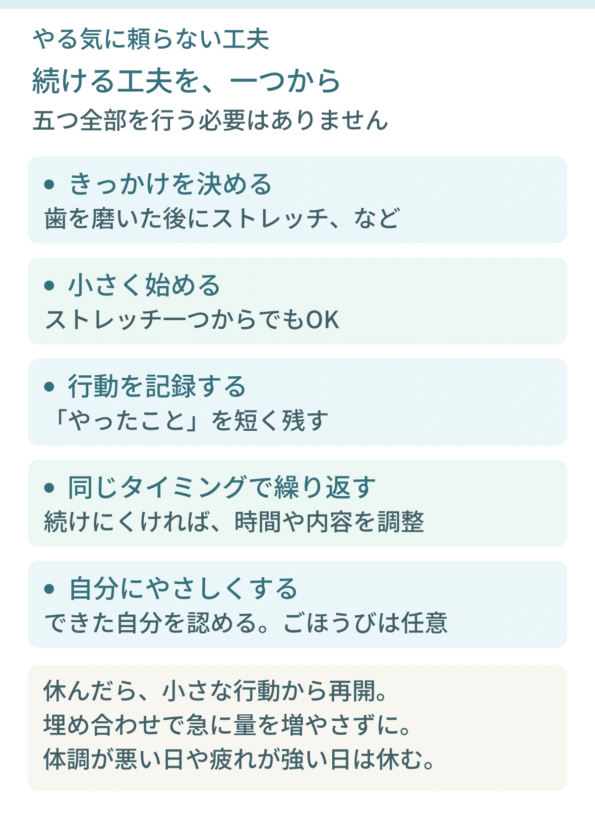 運動を続ける五つの工夫を独立したカードで示した図。きっかけを決める、小さく始める、行動を記録する、同じタイミングで繰り返す、自分にやさしくする。全部を行う必要はなく、ごほうびは任意。休んだら小さな行動から再開し、埋め合わせで急に量を増やさない。体調が悪い日や疲れが強い日は休む。