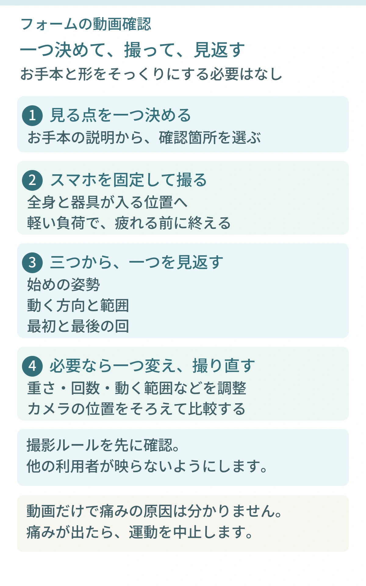 動画でフォームを確認する流れ。見る点を一つ決め、スマホを固定して軽い負荷で撮影し、始めの姿勢、動く方向と範囲、最初と最後の回を見返す。必要なら一つ調整し、同じカメラ位置で比較する。